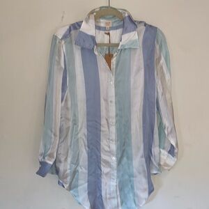 Surf Gypsy satin long striped pale blue green white beige shirt Sz S NWT